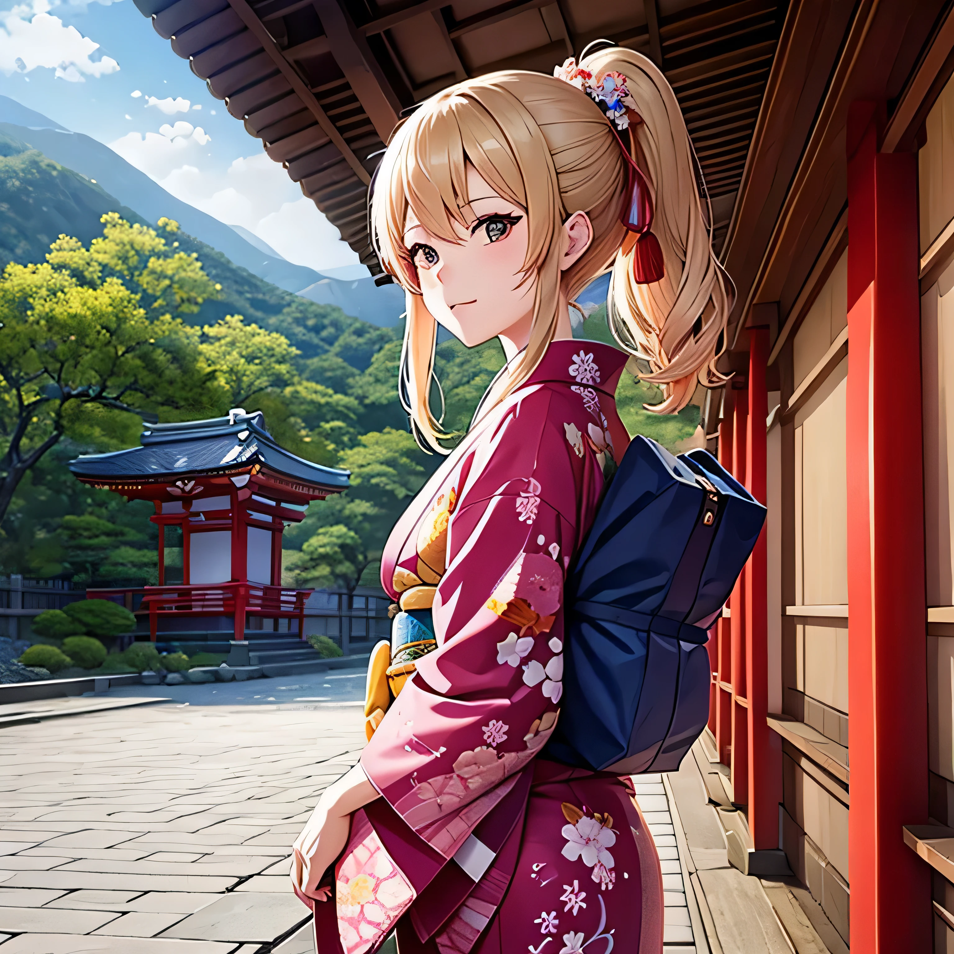 At a shrine in Kyoto、Draw a beautiful woman wearing a brightly colored kimono。In the background are traditional buildings.、There is a tasteful atmosphere。