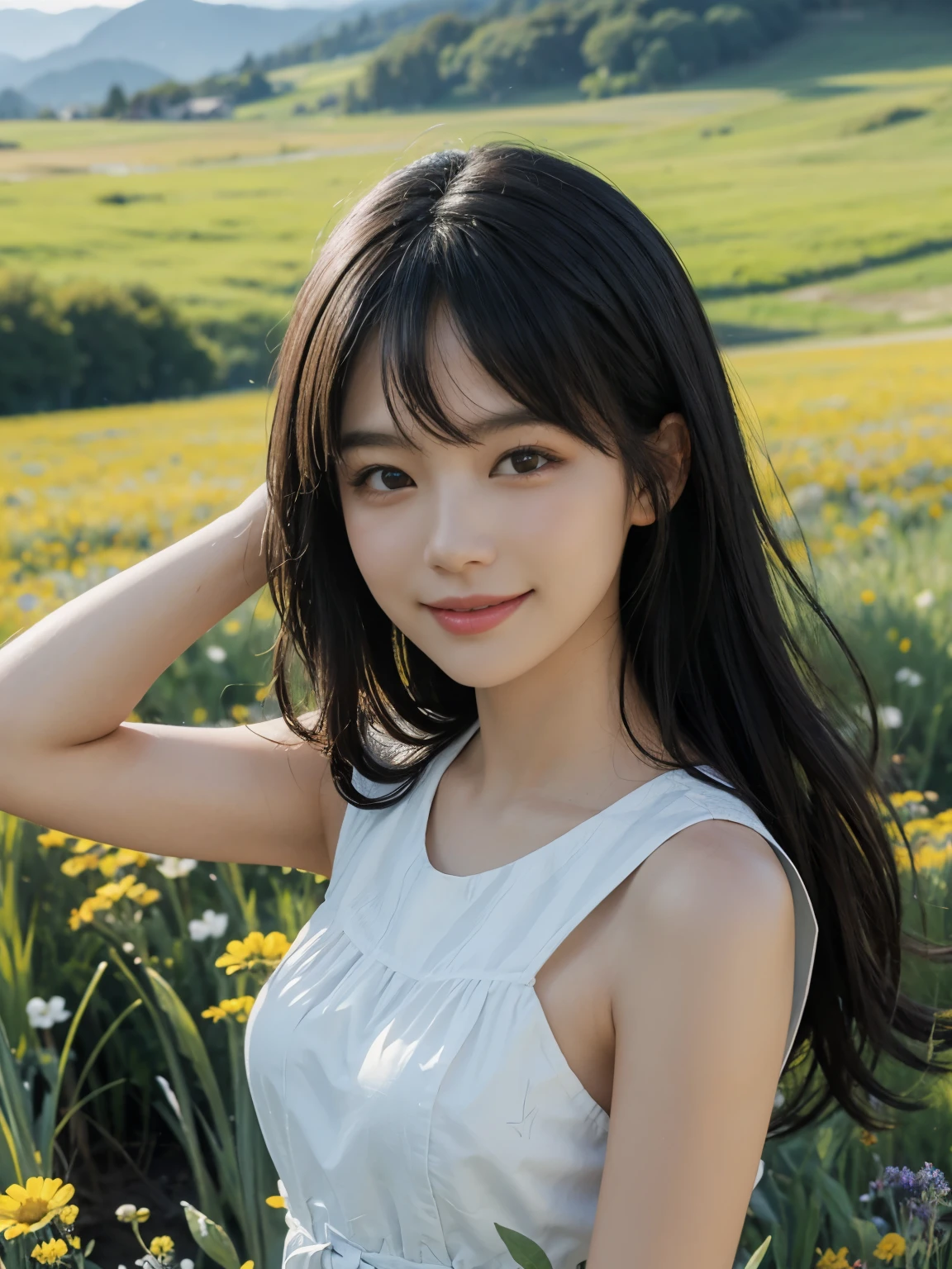 (ultra realistic), (best illustration), (increase resolution), (8K), (masterpiece), (wallpaper), solo, 1 girl, looking at viewers, black straight hair, pureerosfaceace_v1, happy smile, colorful dress, meadow