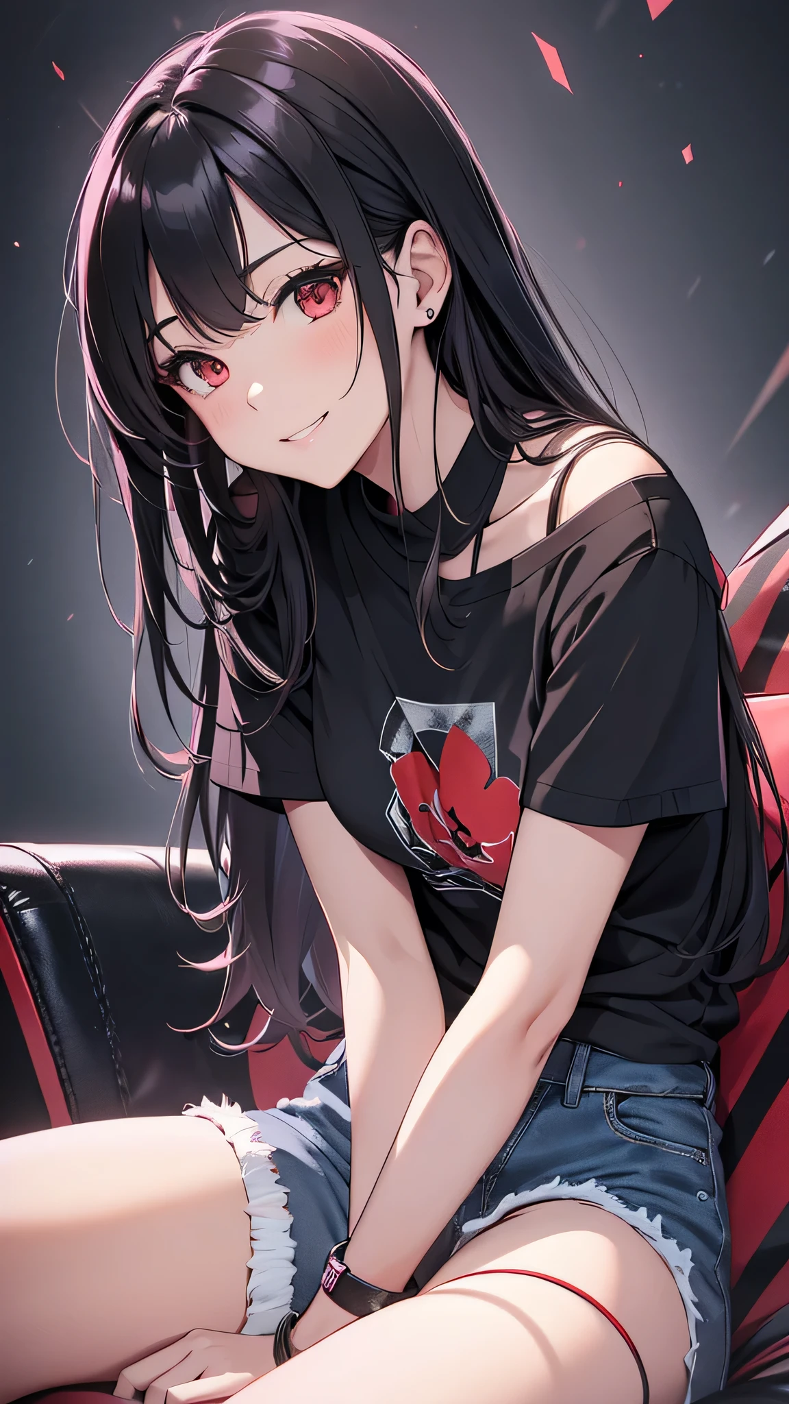最high quality、Best image quality、masterpiece、girl((18-year-old、 By becoming、Best Bust、Medium Bust,Wide open breast tea、Red glowing eyes,Black Hair、Red Mesh、Disheveled Hair、Lointail、thin,The highest valley、Open chest、Luminous Wristbands、hair ornaments、Show the whole body,Black short sleeve T-shirt、Wear a shoulder bag、Short denim trousers、sit、sitting cross-legged、Leaning forward、smile)),high quality、Beautiful art、background((Black Room、Black Wall、Black furniture、Big black TV、Black PC、red paint))、Flight、Flying debris、Written boundary depth、movie、Visual Arts、Perfect art、8K,Genuine,