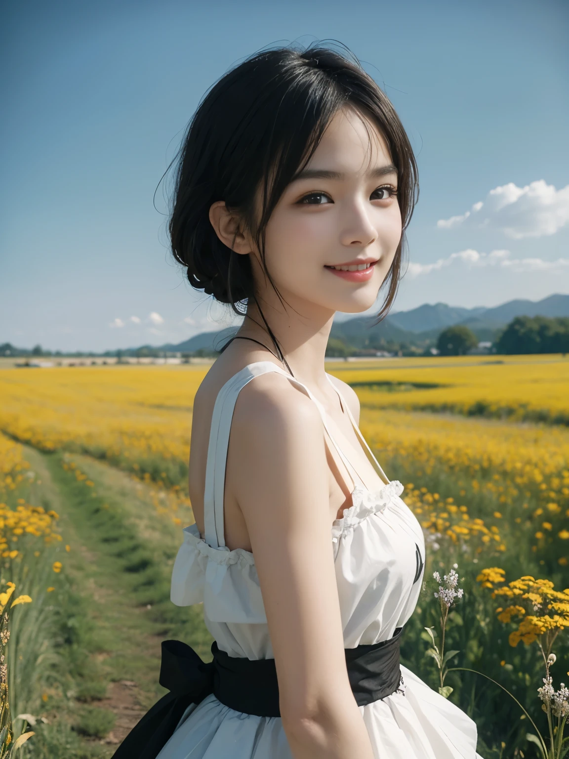 (ultra realistic), (best illustration), (increase resolution), (8K), (masterpiece), (wallpaper), solo, 1 girl, looking at viewers, black straight hair, pureerosfaceace_v1, happy smile, colorful dress, meadow