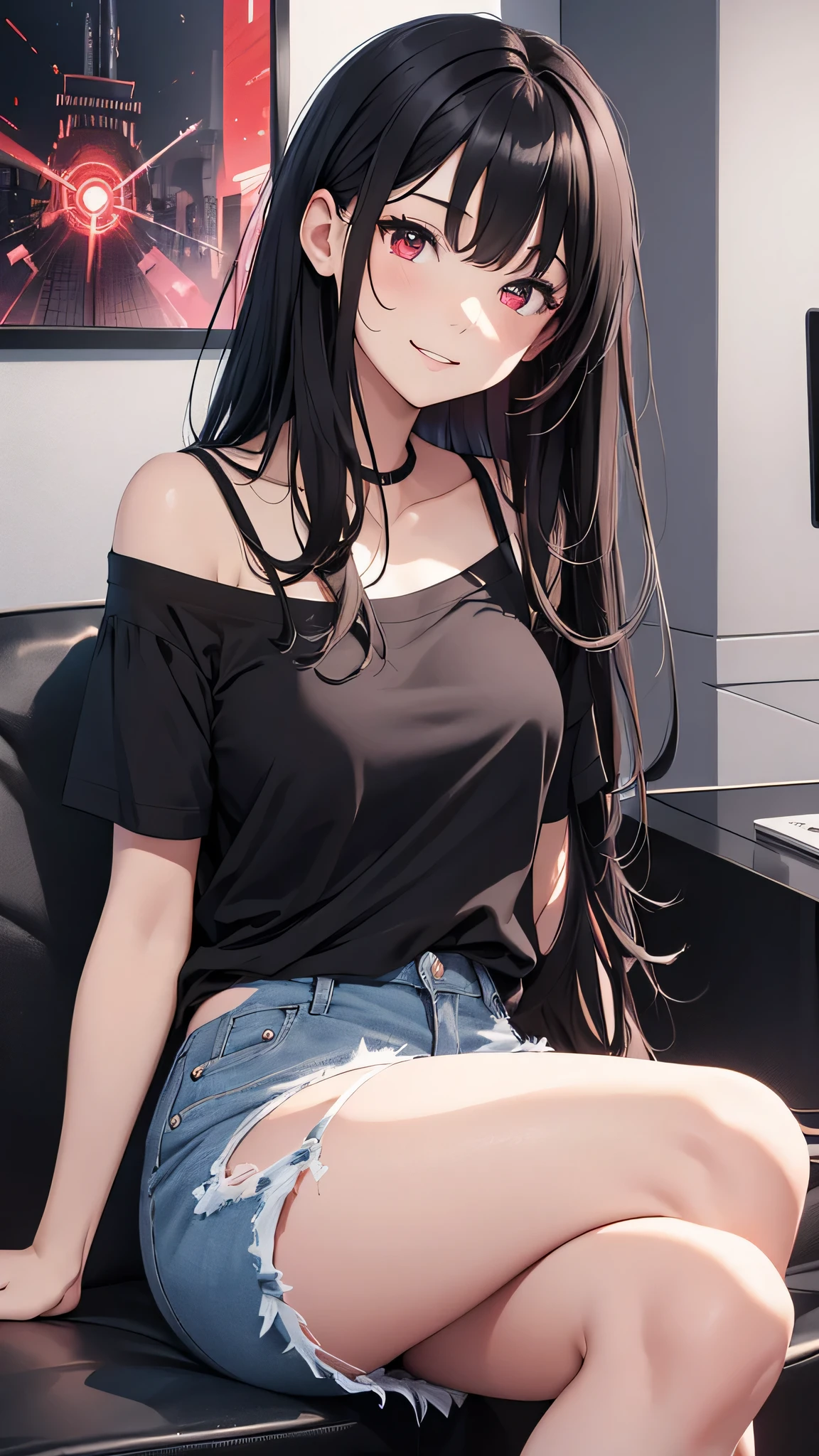 最high quality、Best image quality、masterpiece、girl((18-year-old、 By becoming、Best Bust、Medium Bust,Wide open breast tea、Red glowing eyes,Black Hair、Red Mesh、Disheveled Hair、Lointail、thin,The highest valley、Open chest、Luminous Wristbands、hair ornaments、Show the whole body,Black short sleeve T-shirt、Wear a shoulder bag、Short denim trousers、sit、sitting cross-legged、Leaning forward、smile)),high quality、Beautiful art、background((Black Room、Black Wall、Black furniture、Big black TV、Black PC、red paint))、Flight、Flying debris、Written boundary depth、movie、Visual Arts、Perfect art、8K,Genuine,