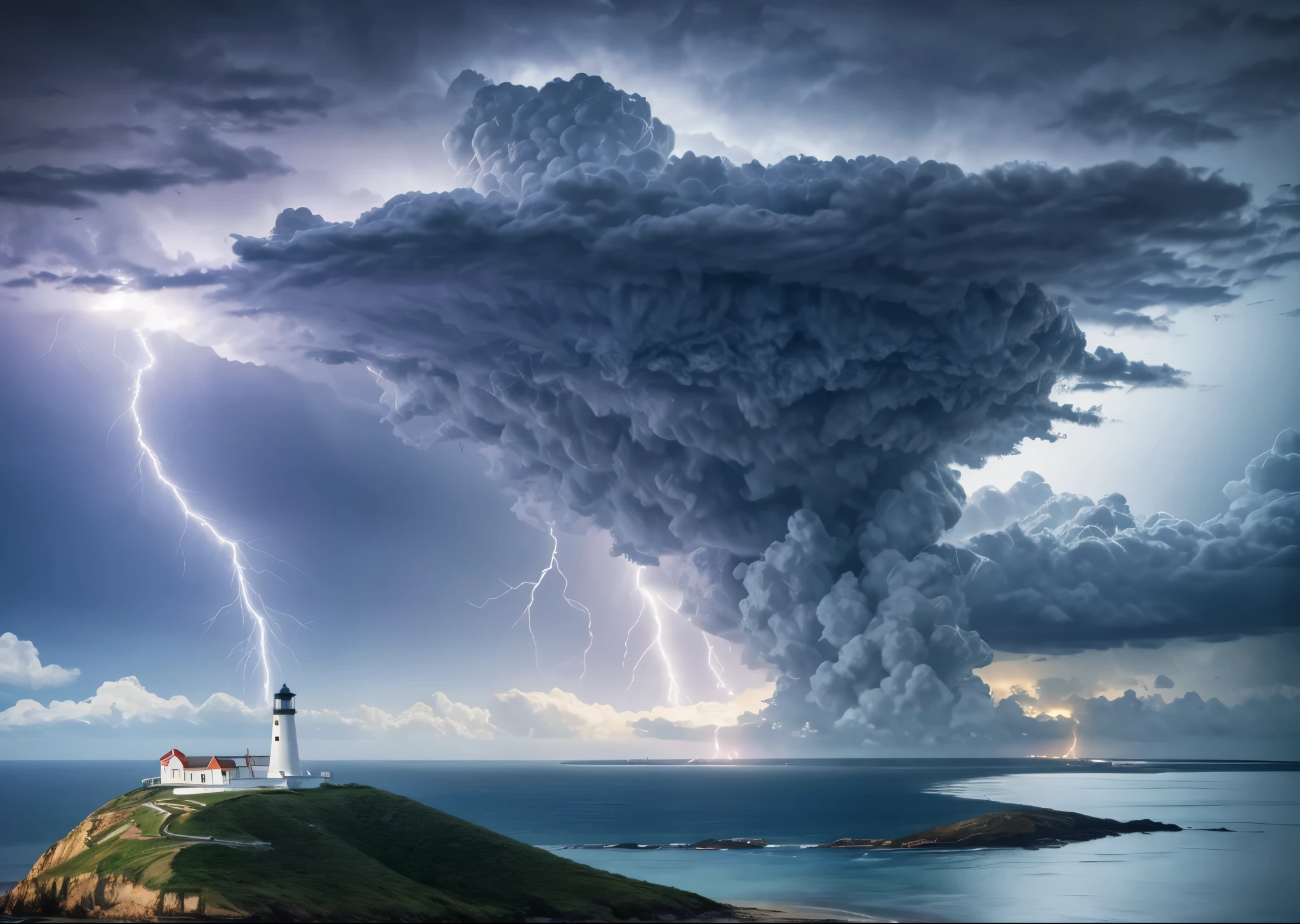 Crystal Cloud, Lightning strikes、Cape Lighthouse, Atmospheric perspective, 8k, Super Detail, Accurate, highest quality, lightning、Sharp images、High color reproducibility、Attention to detail、live-action、Alluring、
