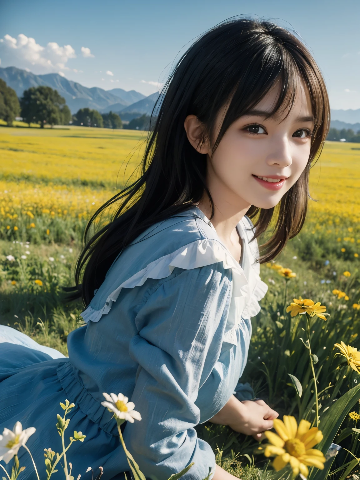 A girl in a field with dandelions raises her hands to the sun