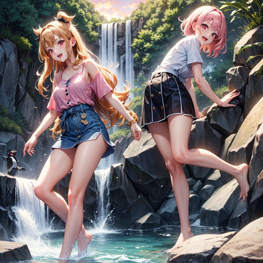 Pink gold golden hair、Red eyes、One good looking girl、solo、anime、Checkered mini skirt、The skirt has buttons、one piece、Blue camisole、White T-shirt、Jin、Wearing a ribbon、Ribbon on waist、Tilting face、Teeth are visible、waterfall、waterfallの裏側、tunnel、Sunset sky、The water surface is exploding、The rocks are exploding、Penguins are walking