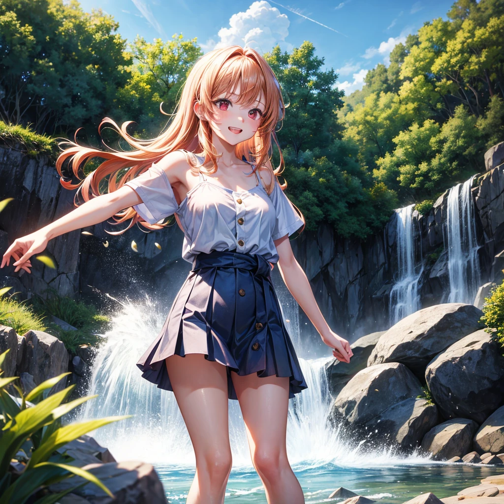 Pink gold golden hair、Red eyes、One good looking girl、solo、anime、Checkered mini skirt、The skirt has buttons、one piece、Blue camisole、White T-shirt、Jin、Wearing a ribbon、Ribbon on waist、Tilting face、Teeth are visible、waterfall、waterfallの裏側、tunnel、Sunset sky、The water surface is exploding、The rocks are exploding、Penguins are walking