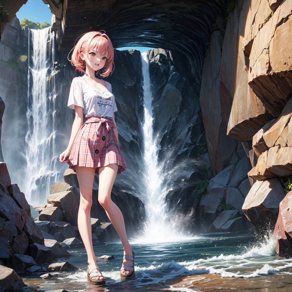 Pink gold golden hair、Red eyes、One good looking girl、solo、anime、Checkered mini skirt、The skirt has buttons、one piece、Blue camisole、White T-shirt、Jin、Wearing a ribbon、Ribbon on waist、Tilting face、Teeth are visible、waterfall、waterfallの裏側、tunnel、Sunset sky、The water surface is exploding、The rocks are exploding、Penguins are walking