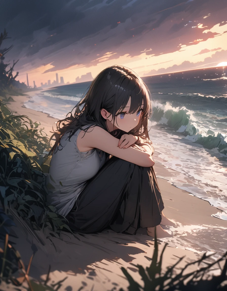 (masterpiece, highest quality: 1.2), 超detailed, Cinema Lighting, High resolution, figure, landscape, One girl, (Soft colors), Post-apocalyptic beach, night, Desolate atmosphere, Girl sitting on the sand, Vegetation Covered, (Cloudy), Waves crashing on the shore, (Depressing but hopeful), A moment of quiet rest, (detailedなテクスチャ), Windblown Hair, nightは曇り、(highest quality、masterpiece、High resolution、detailed)、animeスタイル、Flat Style、(Beautiful Eyes, Delicate and beautiful face, ), BREAK,、extremely detailed、High saturation,Dynamic Angle、anime