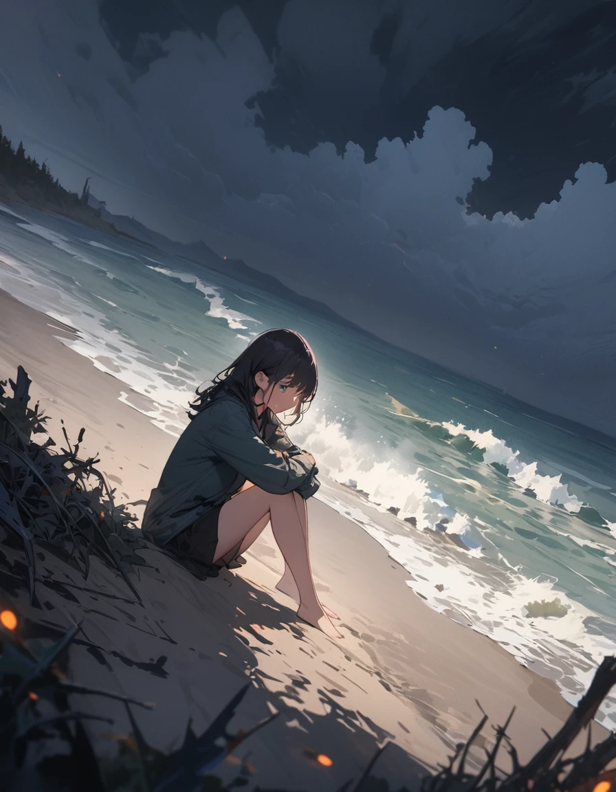 (masterpiece, highest quality: 1.2), 超detailed, Cinema Lighting, High resolution, figure, landscape, One girl, (Soft colors), Post-apocalyptic beach, night, Desolate atmosphere, Girl sitting on the sand, Vegetation Covered, (Cloudy), Waves crashing on the shore, (Depressing but hopeful), A moment of quiet rest, (detailedなテクスチャ), Windblown Hair, nightは曇り、(highest quality、masterpiece、High resolution、detailed)、animeスタイル、Flat Style、(Beautiful Eyes, Delicate and beautiful face, ), BREAK,、extremely detailed、High saturation,Dynamic Angle、anime