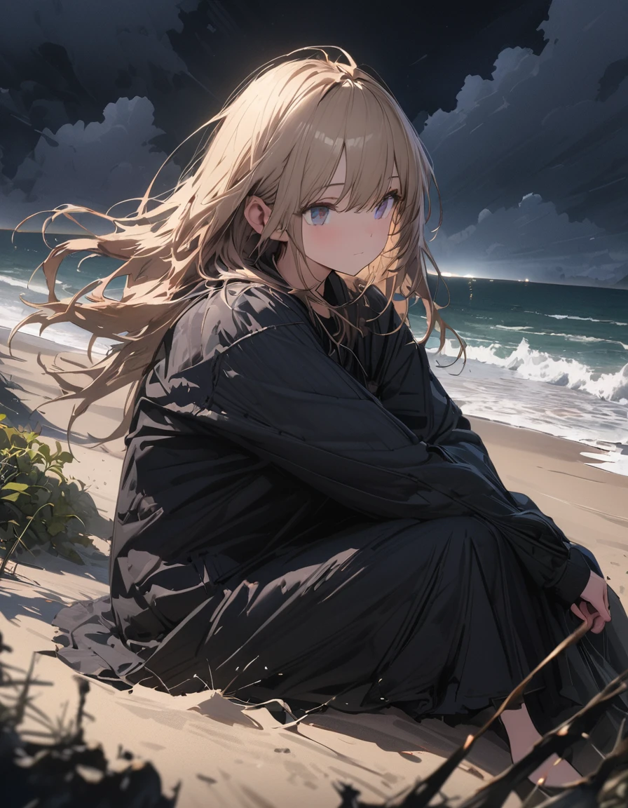 (masterpiece, highest quality: 1.2), 超detailed, Cinema Lighting, High resolution, figure, landscape, One girl, (Soft colors), Post-apocalyptic beach, night, Desolate atmosphere, Girl sitting on the sand, Vegetation Covered, (Cloudy), Waves crashing on the shore, (Depressing but hopeful), A moment of quiet rest, (detailedなテクスチャ), Windblown Hair, nightは曇り、(highest quality、masterpiece、High resolution、detailed)、animeスタイル、Flat Style、(Beautiful Eyes, Delicate and beautiful face, ), BREAK,、extremely detailed、High saturation,Dynamic Angle、anime