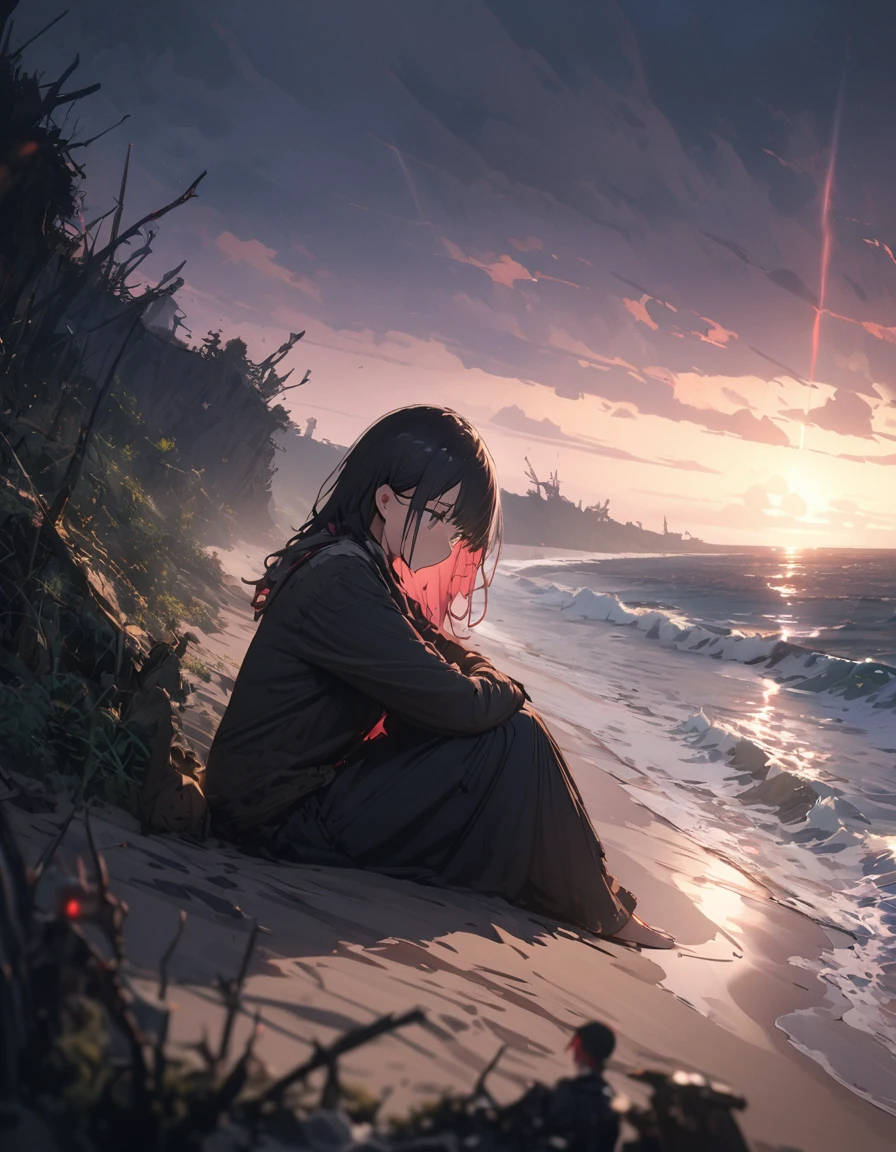 (masterpiece, highest quality: 1.2), 超detailed, Cinema Lighting, High resolution, figure, landscape, One girl, (Soft colors), Post-apocalyptic beach, night, Desolate atmosphere, Girl sitting on the sand, Vegetation Covered, (Cloudy), Waves crashing on the shore, (Depressing but hopeful), A moment of quiet rest, (detailedなテクスチャ), Windblown Hair, nightは曇り、(highest quality、masterpiece、High resolution、detailed)、animeスタイル、Flat Style、(Beautiful Eyes, Delicate and beautiful face, ), BREAK,、extremely detailed、High saturation,Dynamic Angle、anime