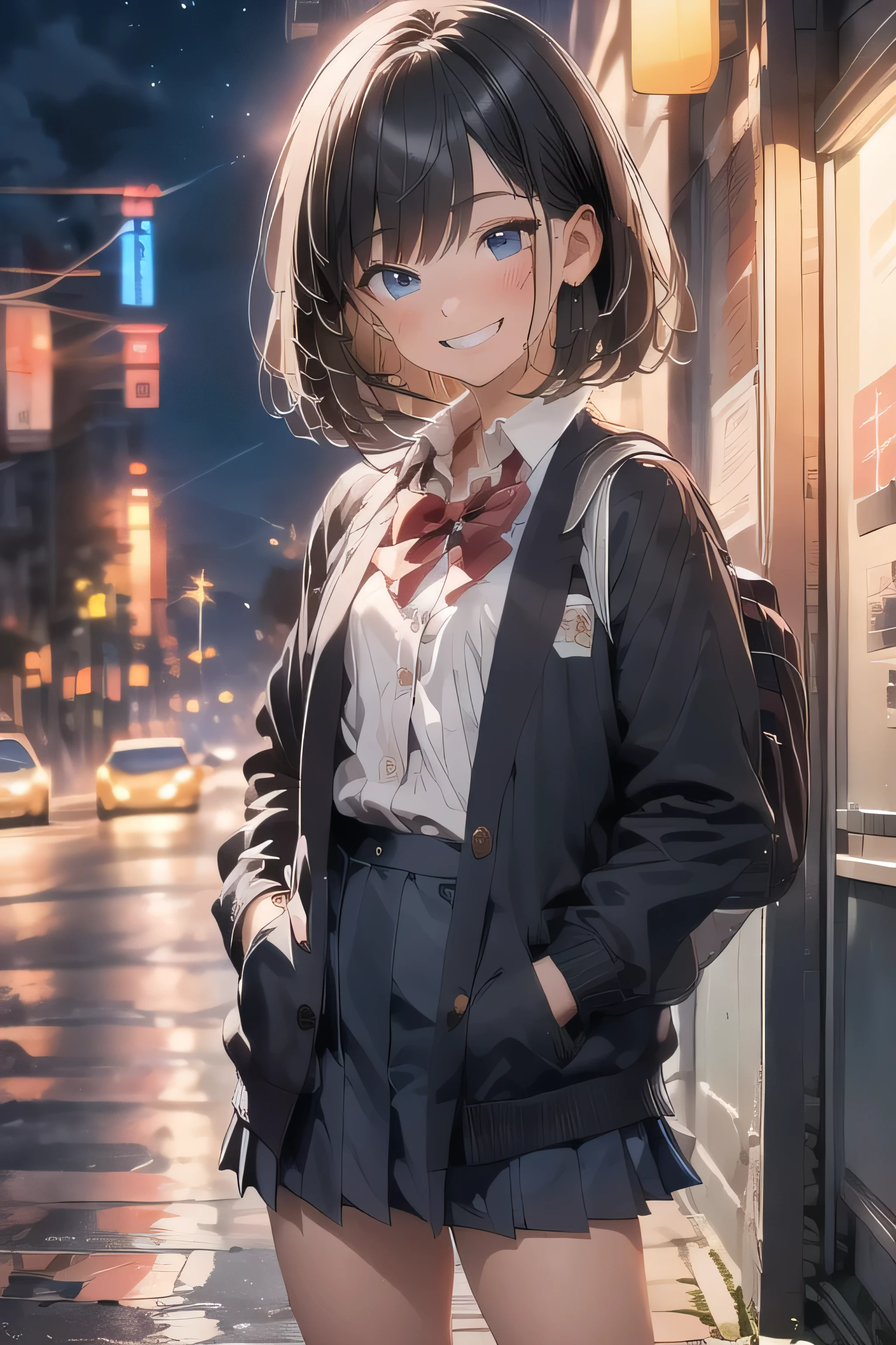 8k, masterpiece, highest quality, One Girl, Medium Long Bob, The background is Tokyo at night, Blue neon town, A girl standing in the center of town, More backgrounds, The subject is very small, spring, high school student, uniform, Warm colors, school bag, school bag, Accurate and highly detailed backgrounds, cute, Detailed face, fine grain, Beautiful Eyes, Facing forward、Looking at the viewer diagonally below, Put your hands in your pockets, Black Hair, Peace pose sign, Toothy smile,