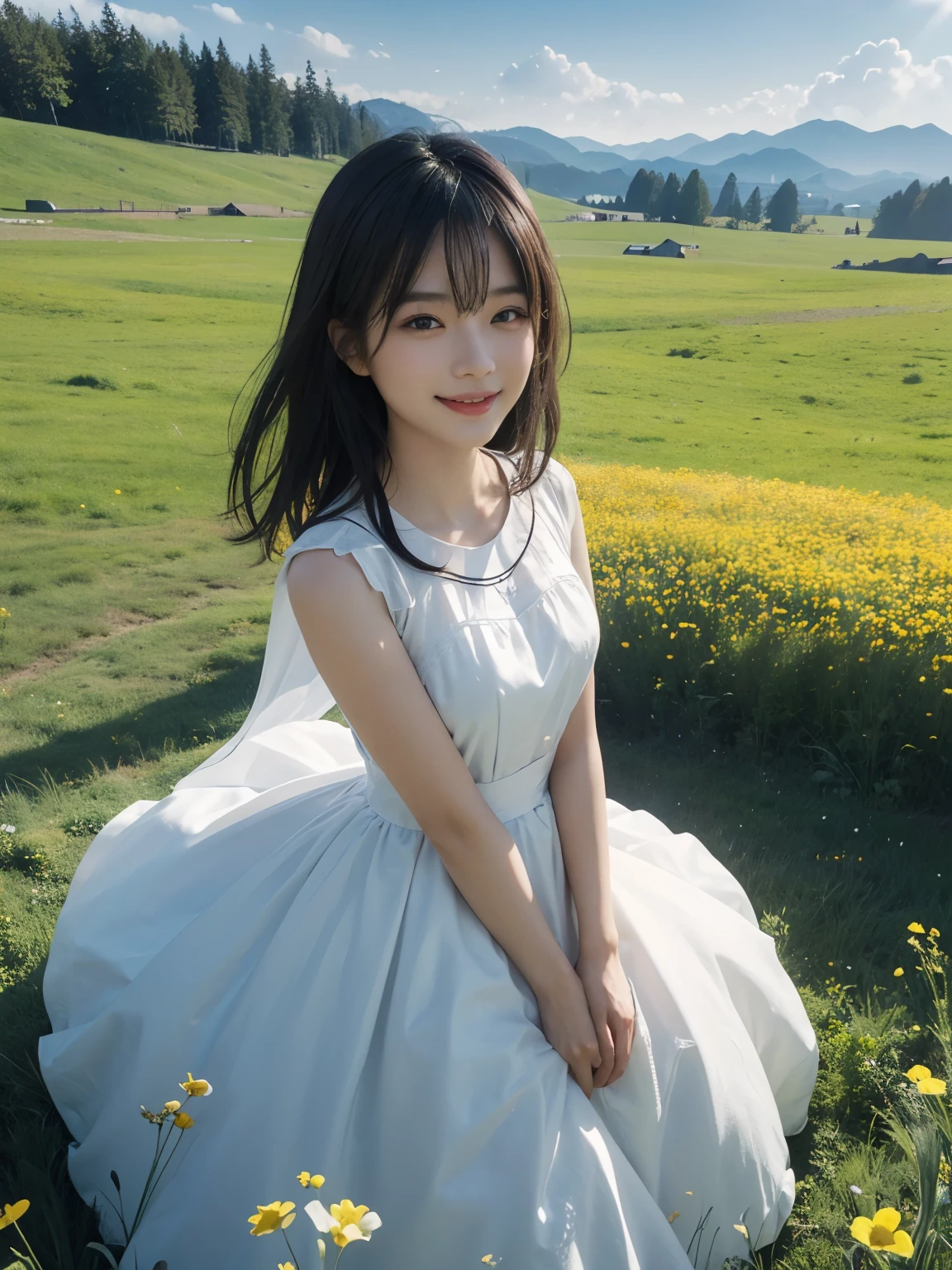 (ultra realistic), (best illustration), (increase resolution), (8K), (masterpiece), (wallpaper), solo, 1 girl, looking at viewers, black straight hair, pureerosfaceace_v1, happy smile, colorful dress, meadow