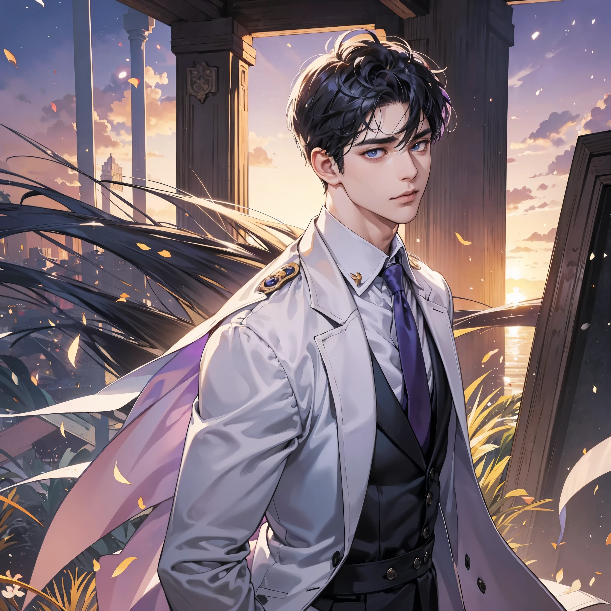 anime.Constantine the Great, Roman Emperor Constantine the Great resurrected in modern times。34 years old。one adult male。Long body。broad shoulder。thick neck。eyes like a lion。Bright and sharp eyes。Looking here。Sincere and kind。Kind and reliable。Deal with it sternly if necessary.。talented and hardworking businessman。successful gentleman。careerist。he is wearing a high quality white suit。dark purple tie。Light purple shirt。forceful。An overwhelming sense of control。romance novel hero。Bold composition。look up to。lyrical。Dramatic。heartful。Romantic。opulent。elegan。elegance。Venice background in the sunset。​masterpiece。top-quality。Super beautiful。The ultra -The high-definition。detaileds。exquisite。
