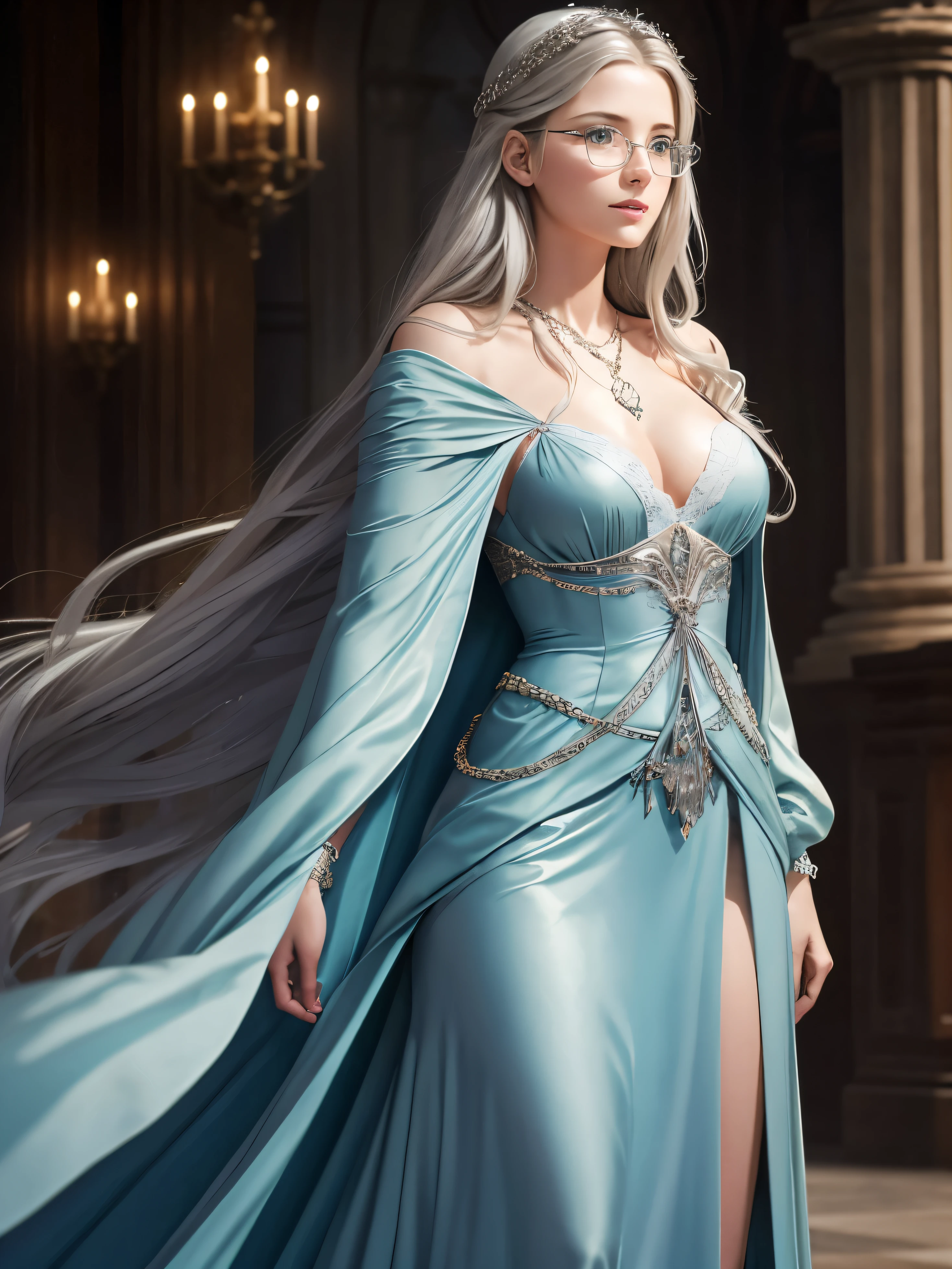 21 years old, beautiful girl, Fleur Delacour，Long silver hair to the waist, Big shiny green eyes, Long eyelashes, Glasses, Cleavage，Long blue cloak, Silver chain with pendant around neck, Background of Beauxbatons, Casting posture
