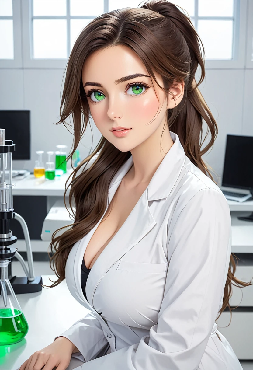 Italian girl, 25 years old, wavy brown hair, tied in a ponytail, super breasts, white lab coat, green eyes, in a laboratory