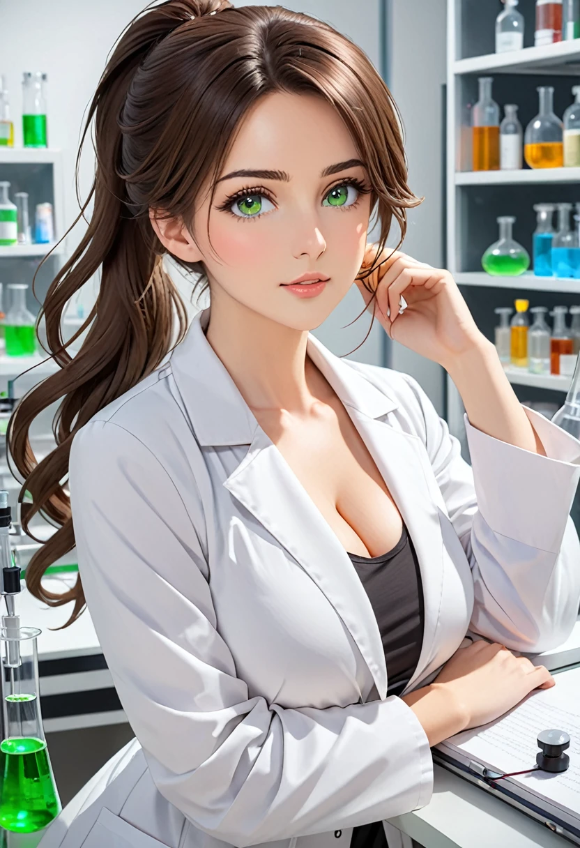 Italian girl, 25 years old, wavy brown hair, tied in a ponytail, super breasts, white lab coat, green eyes, in a laboratory