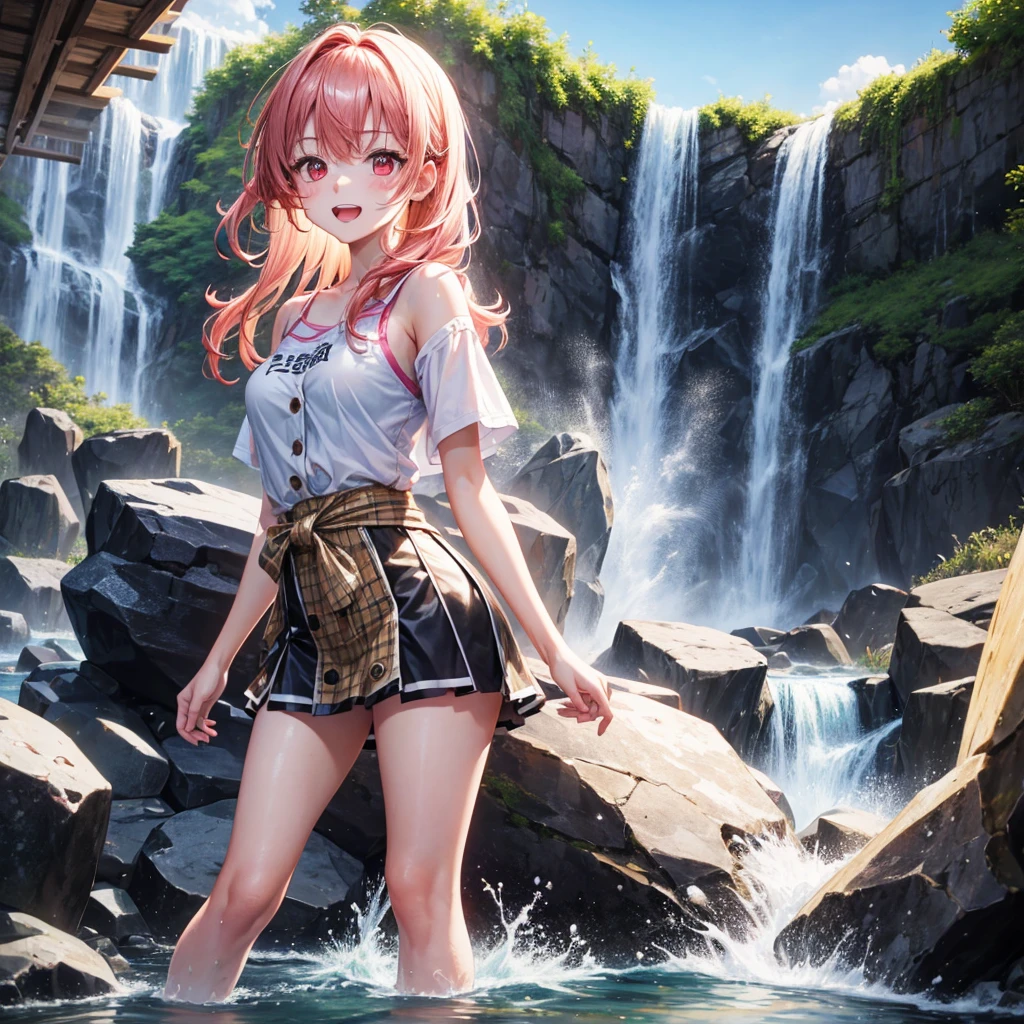 Pink gold golden hair、Red eyes、One good looking girl、solo、anime、Checkered mini skirt、The skirt has buttons、one piece、Blue camisole、White T-shirt、Jin、Wearing a ribbon、Ribbon on waist、Tilting face、Teeth are visible、waterfall、waterfallの裏側、tunnel、Sunset sky、The water surface is exploding、The rocks are exploding、Penguins are walking