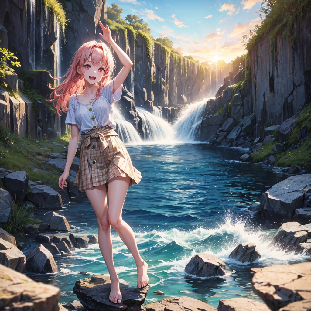 Pink gold golden hair、Red eyes、One good looking girl、solo、anime、Checkered mini skirt、The skirt has buttons、one piece、Blue camisole、White T-shirt、Jin、Wearing a ribbon、Ribbon on waist、Tilting face、Teeth are visible、waterfall、waterfallの裏側、tunnel、Sunset sky、The water surface is exploding、The rocks are exploding、Penguins are walking