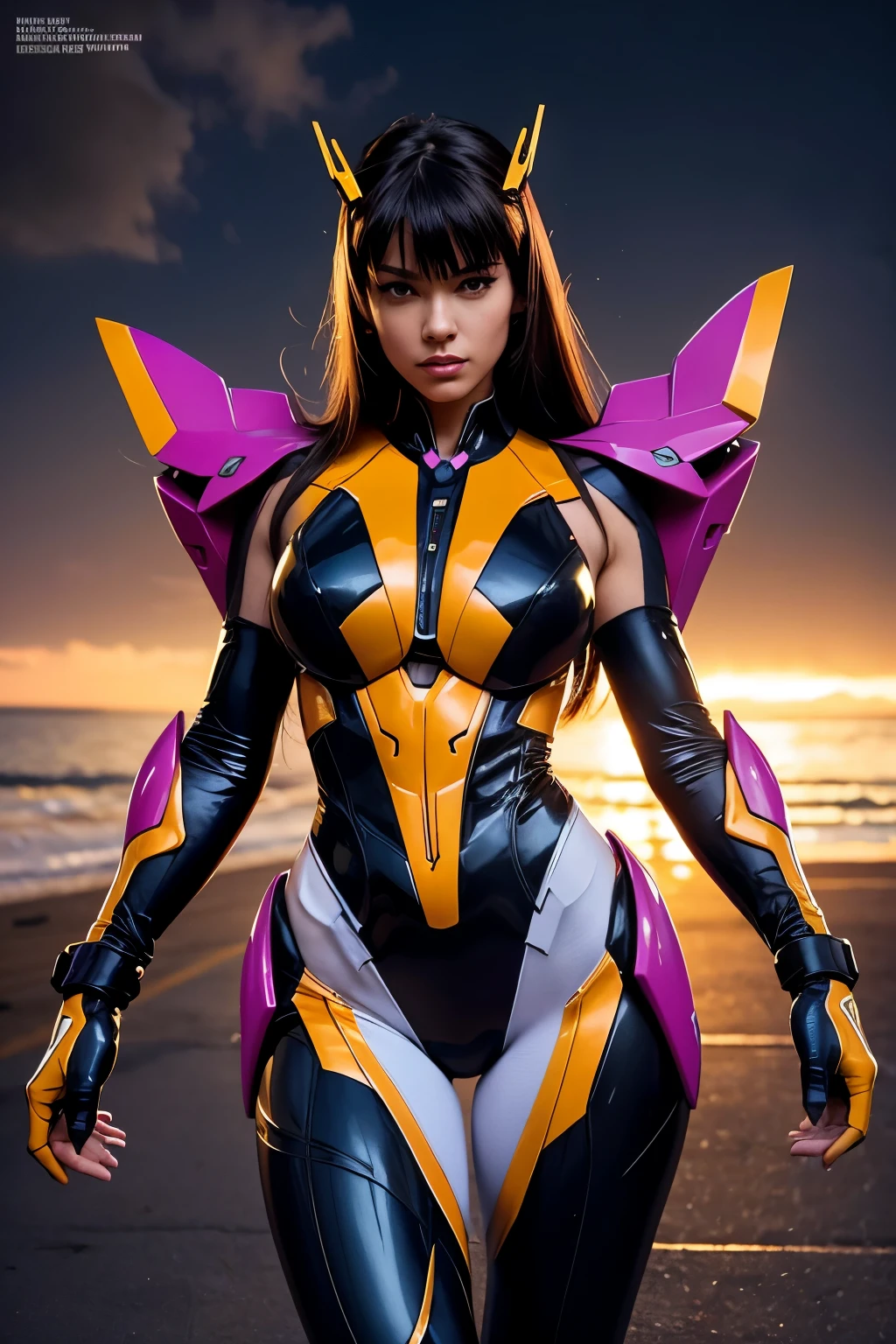 RAW, Best quality, high resolution, Masterpiece: 1.3), Sleek Female Mech Fusion of Transformers, Evangelion, and DC Comics Vixen,
Masterpiece: 1.3, Beautiful and intricately detailed fusion of Transformers' robotics, Evangelion's humanoid design, and Vixen's vibrant aesthetics,
Sleek Female Mech, Realistic, 1entity, Vixen's iconic Mari McCabe costume integrated into the mech's design,
Metallic exterior with glowing, translucent accents, Vixen's animal powers