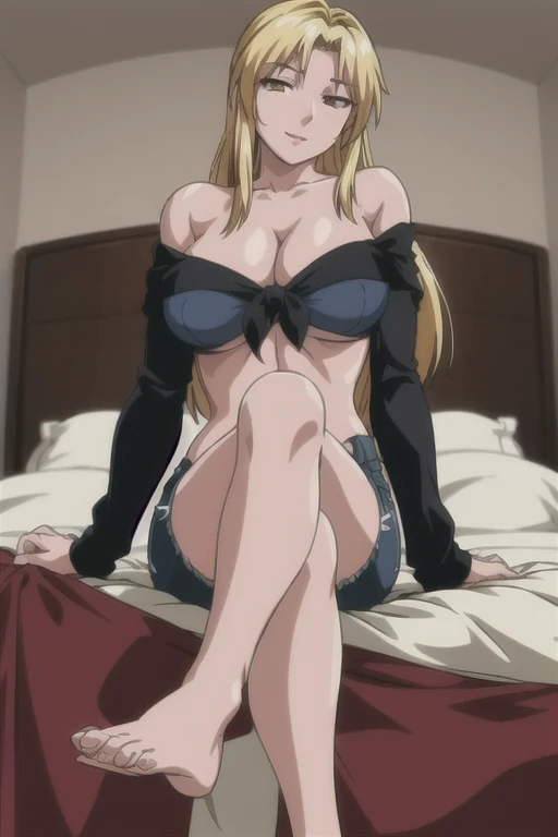 masterpiece, best quality, highres, 1girl kaori saeki, micro denim shorts, black off shoulder crop top , bedroom, full body shot, (smug:0.3), looking at viewer, focus solo, sexy pose, crossing legs, mature, flip flops, detailed feet, busty, cleavage, blonde, long hair, in bed, red eyeshadow,