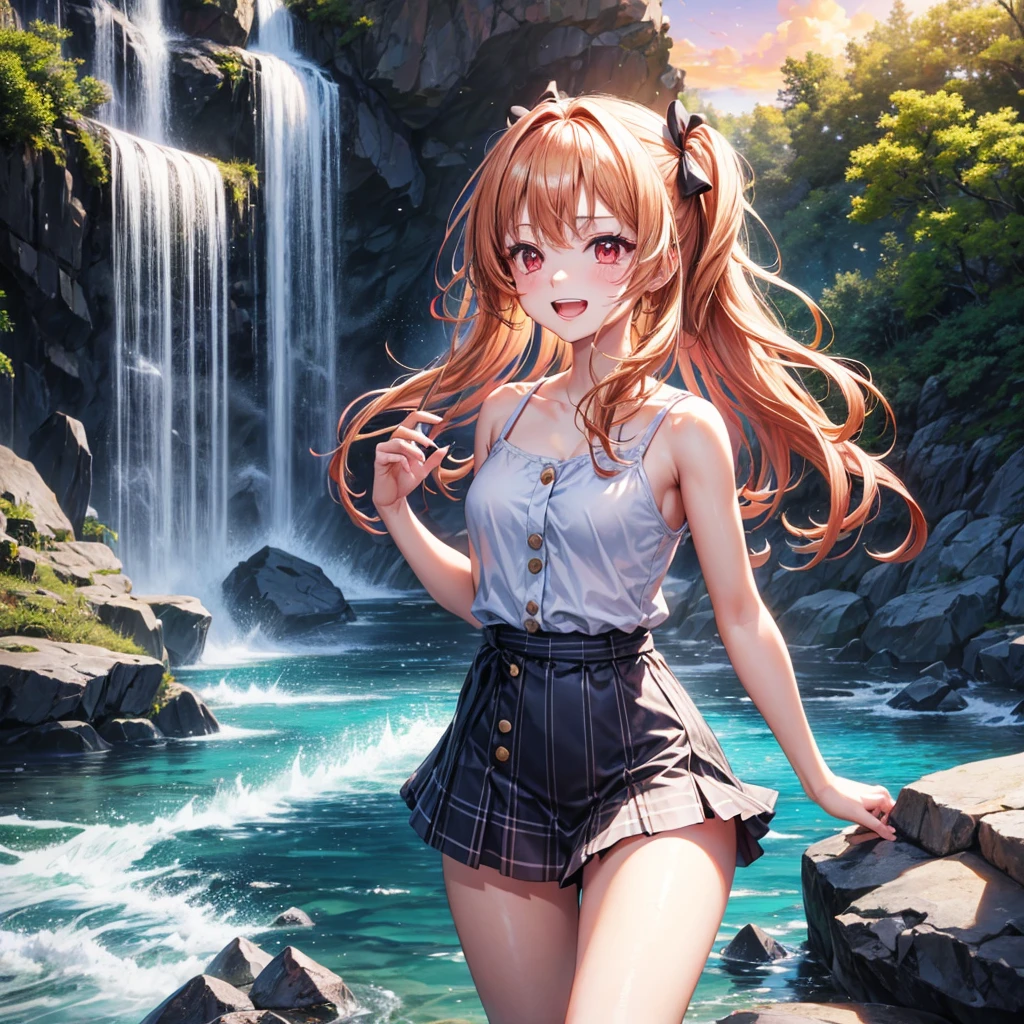 Pink gold golden hair、Red eyes、One good looking girl、solo、anime、Checkered mini skirt、The skirt has buttons、one piece、Blue camisole、White T-shirt、Jin、Wearing a ribbon、Ribbon on waist、Tilting face、Teeth are visible、waterfall、waterfallの裏側、tunnel、Sunset sky、The water surface is exploding、The rocks are exploding、Penguins are walking