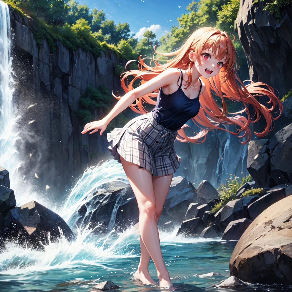 Pink gold golden hair、Red eyes、One good looking girl、solo、anime、Checkered mini skirt、The skirt has buttons、one piece、Blue camisole、White T-shirt、Jin、Wearing a ribbon、Ribbon on waist、Tilting face、Teeth are visible、waterfall、waterfallの裏側、tunnel、Sunset sky、The water surface is exploding、The rocks are exploding、Penguins are walking