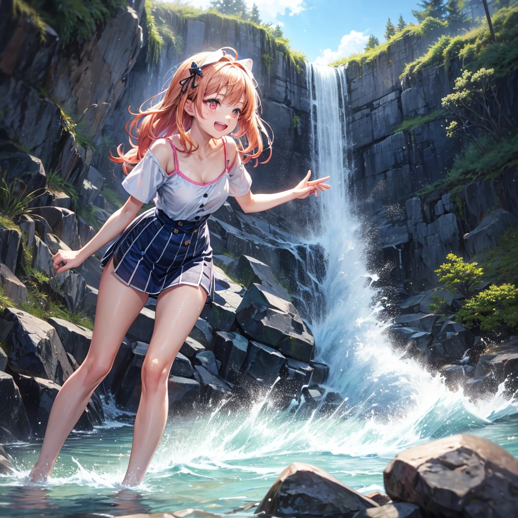 Pink gold golden hair、Red eyes、One good looking girl、solo、anime、Checkered mini skirt、The skirt has buttons、one piece、Blue camisole、White T-shirt、Jin、Wearing a ribbon、Ribbon on waist、Tilting face、Teeth are visible、waterfall、waterfallの裏側、tunnel、Sunset sky、The water surface is exploding、The rocks are exploding