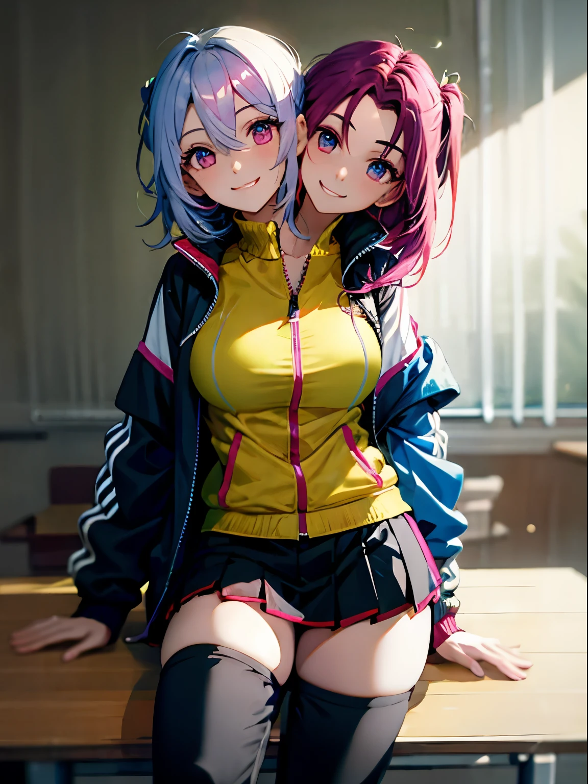 (masterpiece),(ultra-detailed), (high quality), (high resolution), (best quality:1.5, highres, UHD), highres, absurdo, ultra detail, ultra quality, Ultra resolution, 16k, ((2heads:1.5)), 1girl, anime girl with two heads
(blue eyes) giggling, friendly, inviting, cube hair ornament, hair between eyes, hair ornament, one side up, long black skirt, (white jacket), long sleeves, pants, black pants, pleated skirt, skirt, track jacket, track pants, track suit, ((magenta hair color))