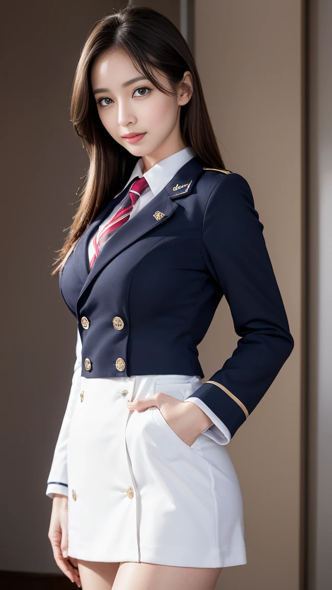 highest quality, masterpiece, 8k, Ultra-high resolution, (Realistic: 1.4), 1 girl, Beautiful Face, Symmetrical eyes, big, Perfect Body Proportions, Stewardess Uniform, The viewer's gaze, (Inside the plane: 1.2), Sit in your seat, Shoulder jump, (White Panty Shot:1.3)、Thighs、big breasts、smile、Pursed lips
