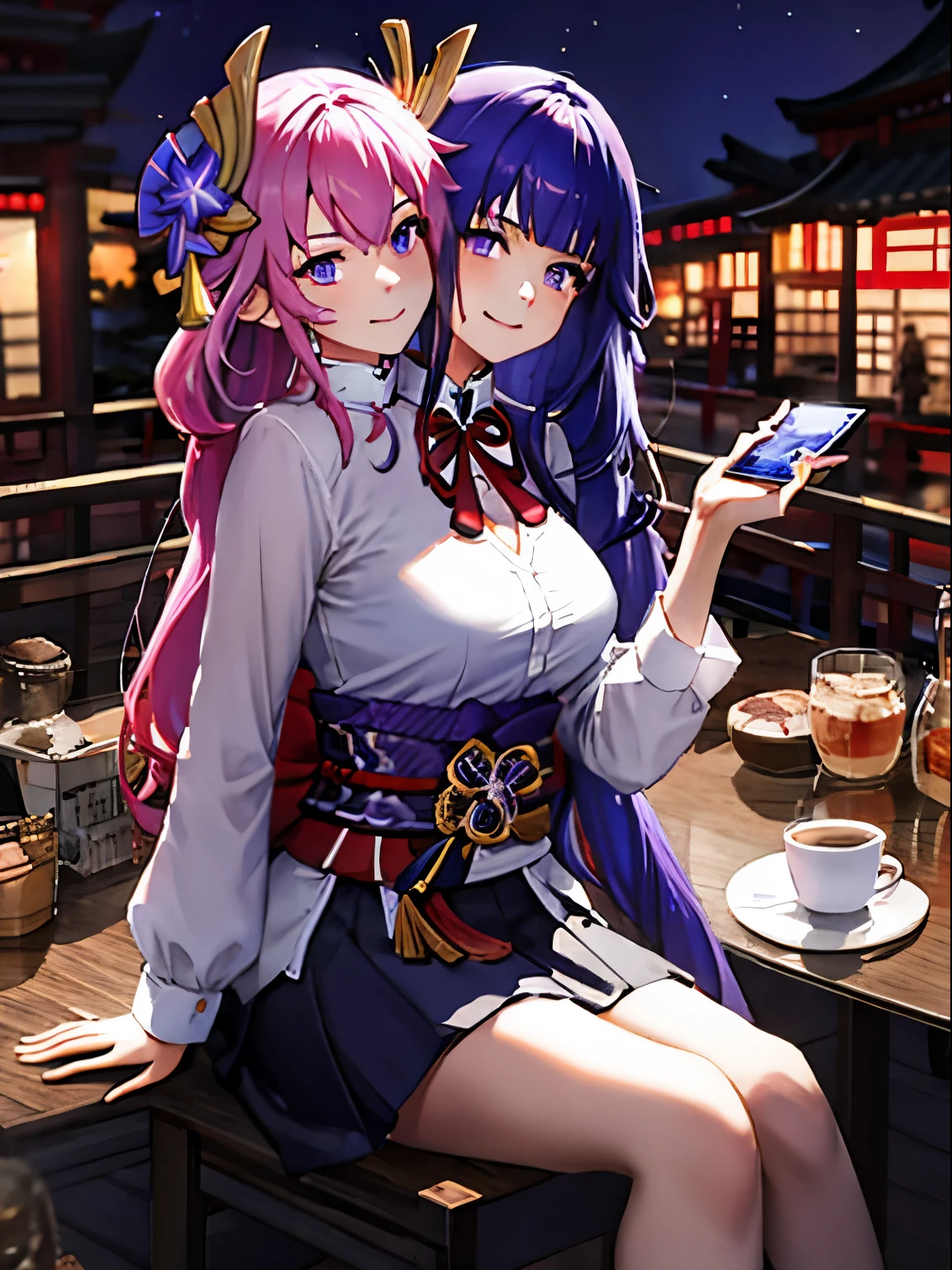 (8k, RAW photo, best quality, masterpiece: 1.2), ultra-detailed, 1 girl, (2heads: 1.5), yae miko character, raiden_shogun character, cute, solo, beautiful detailed sky, detailed coffee, night, sitting, (flushed nose), (smile: 1.1), (mouth closed), beautiful detailed eyes, (collared shirt: 1.1), bow tie, pleated skirt, long pink hair, long purple hair