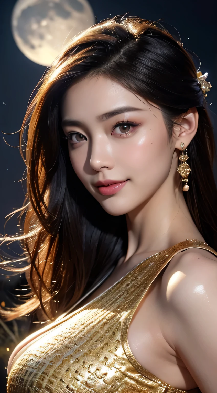 Kimono beauty, body portrait, 8k, thin and beautiful eyes, Dindal effect, masterpiece, top quality, high quality, high resolution, very detailed photo, (natural skin texture, fine skin, hyper realism, super sharpness) , high detail skin, (very fine, fine skin texture, intricate details, beautiful face, (real-like face), realistic eyes, beautifully detailed eyes, realistic skin, beautiful skin, surreal, Highly detailed, golden ratio, smiling eyes, ((night moonlight background)), body portrait, G cup, big breasts, huge breasts, big breasts, glamorous, shiny bodysuit