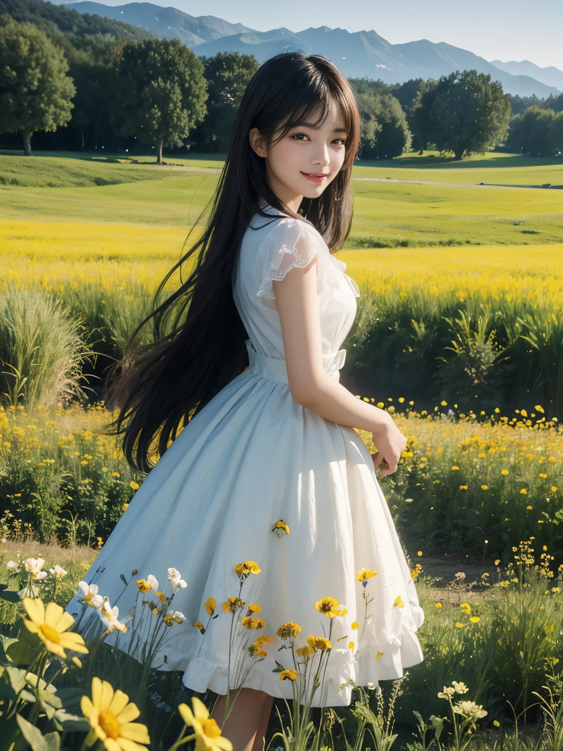 (ultra realistic), (best illustration), (increase resolution), (8K), (masterpiece), (wallpaper), solo, 1 girl, looking at viewers, black straight hair, pureerosfaceace_v1, happy smile, colorful dress, meadow