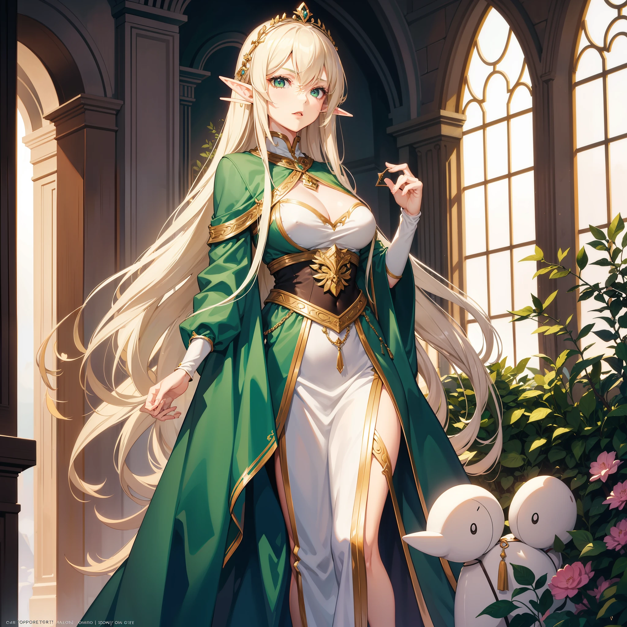 An elf woman who appears to be 37 years old, she has long straight blonde hair without bangs, she has green eyes, she has elf ears, she is a beautiful woman, she has a seductive mature face and a serious expression, she uses noble white clothes, she is inside a luxurious castle of a kingdom,