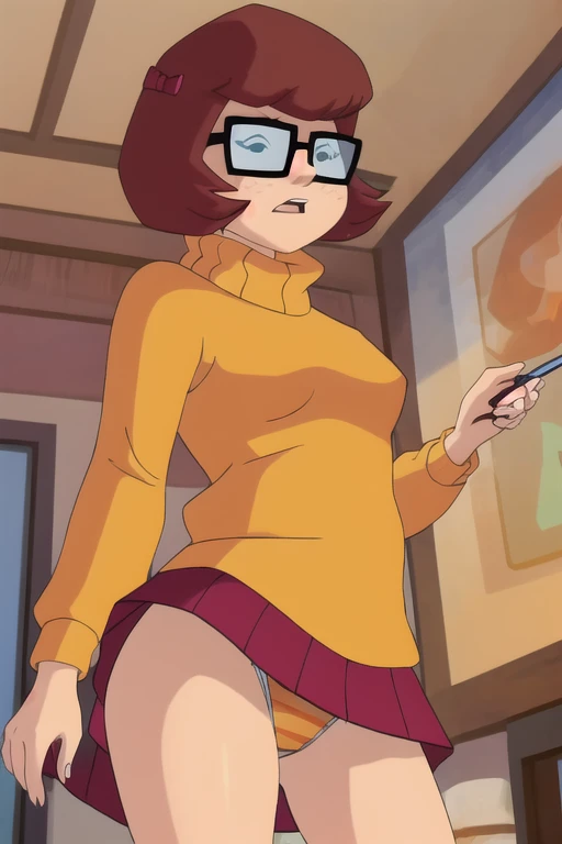 (8k, RAW photo, best quality, masterpiece:1.2), (intricate details), (best quality), (highres), ((perfect eyes)), perfect face, perfect lighting, vivid colors, intense colors, 1girl, cartoon style, velmadinkley,  glasses, orange sweater, solo, upskirt focus view, orange striped panties, wet panties, skirt lift, panties close focus, under view,