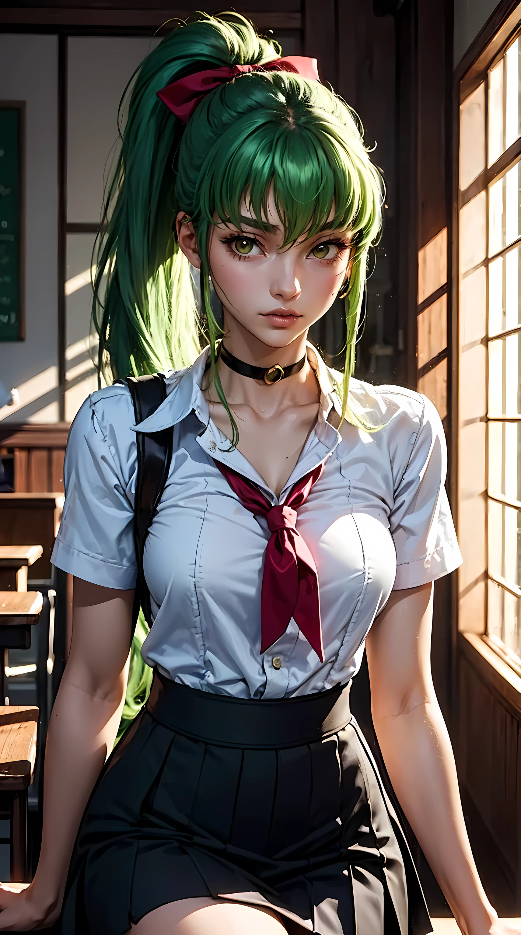 (ultra realistic,32k,RAW photo:1.1),(high detailed skin:1.1), 8k uhd, dslr, high quality, film grain, (makeup, mascara:1.1), lips,(thick\lips\),
(shiny glossy translucent clothing:1.1), <lora:Mion3:0.7>Mion Sonozaki, green hair, green eyes, ponytail, white shirt, red necktie, yellow vest, red skirt,, <lora:add_detail:0.84>, huge breast, (upper body:1.2)
Lying on the back, one leg bent,
(busty:1.1) , (chubby:0.1),(refraction:1.2),<lora:LowRA:0.4>, dark theme, cabin, nestled in woods, rustic charm, natural surroundings