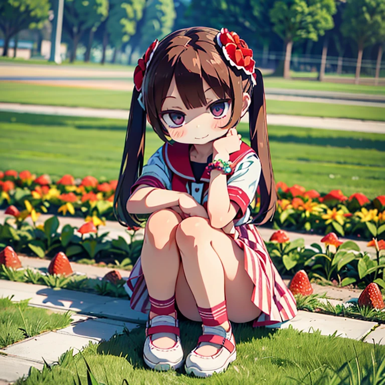 (Realistic:1.37)、Octane Rendering、Morning Park、Strawberry Dresses、A girl with twin tails and smiling、Strawberries falling from the sky、Bright colors、Soft sunlight、beautiful flower、Green Grass、A playful atmosphere、Peaceful environment、Detailed Texture、Bright colors、Cute shoes with accessories、He looks happy