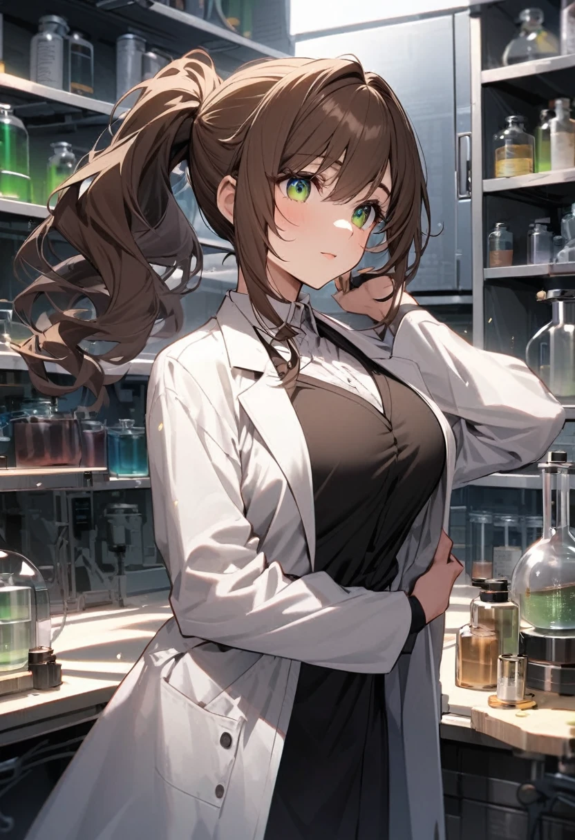 Italian girl, 25 years old, wavy brown hair, tied in a ponytail, super breasts, white lab coat, green eyes, in a laboratory
