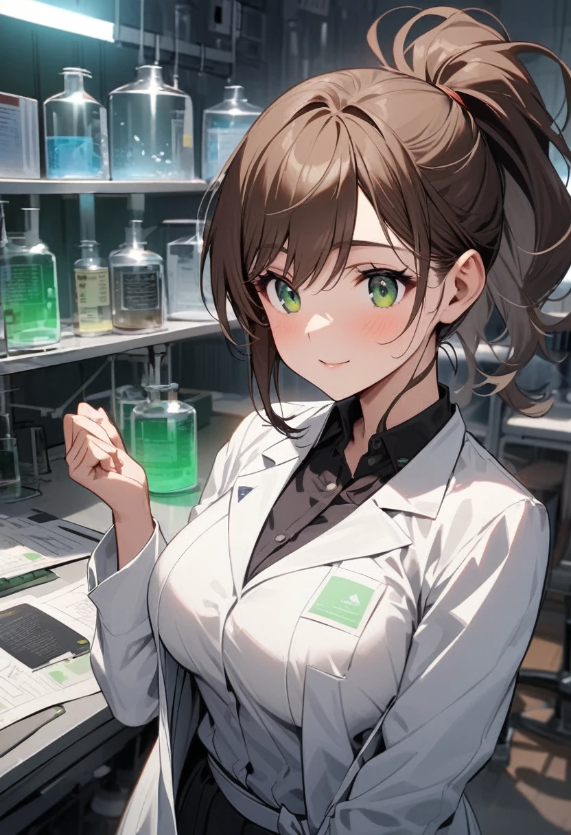 Italian girl, 25 years old, wavy brown hair, tied in a ponytail, super breasts, white lab coat, green eyes, in a laboratory