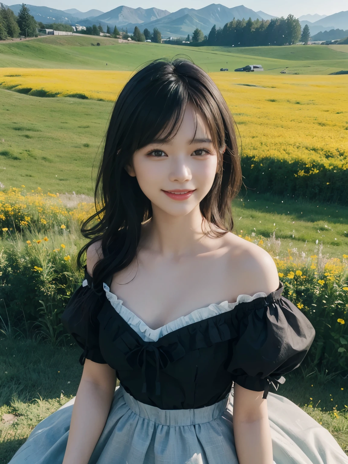 (ultra realistic), (best illustration), (increase resolution), (8K), (masterpiece), (wallpaper), solo, 1 girl, looking at viewers, black straight hair, pureerosfaceace_v1, happy smile, colorful dress, meadow