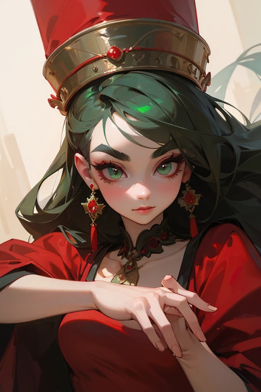 (highest quality, masterpiece:1.2), High resolution, Very detailed, Realistic:1.37, Fantasy, An illustration, Green Eyes、Queen, Red dress.Platinum decoration、beautifully、Eyeshadow Red、Thick eyebrows、Long eyelashes、pupils are black、Her hair is light green、Platinum decoration、