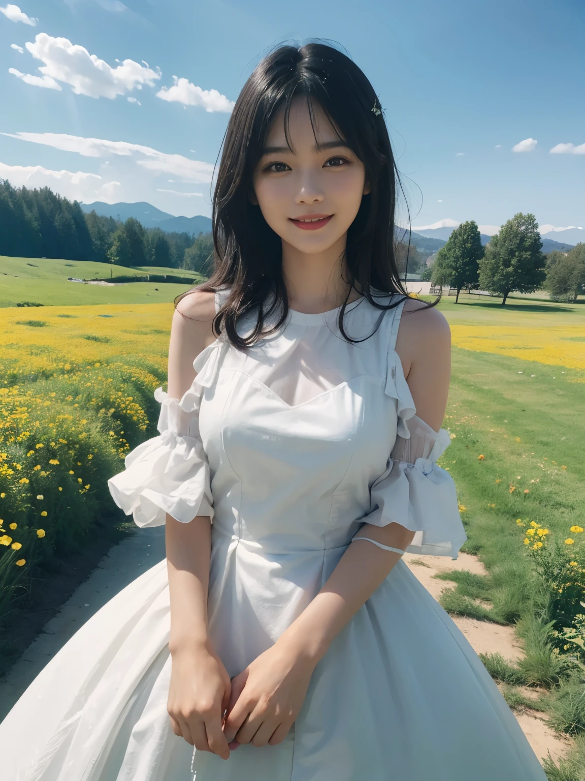 (ultra realistic), (best illustration), (increase resolution), (8K), (masterpiece), (wallpaper), solo, 1 girl, looking at viewers, black straight hair, pureerosfaceace_v1, happy smile, colorful dress, meadow