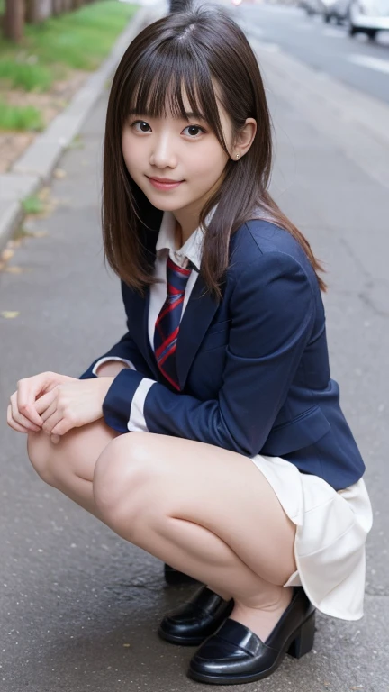 Cute 18 year old girl squatting on the sidewalk,Red tie uniform,Dark Blue Blazer,Blue checked mini skirt,White Panty Shot1.6Crouching Bangs,A small smile,Thighs,knees,random crouching pose,Slim figure,Wear black loafers,