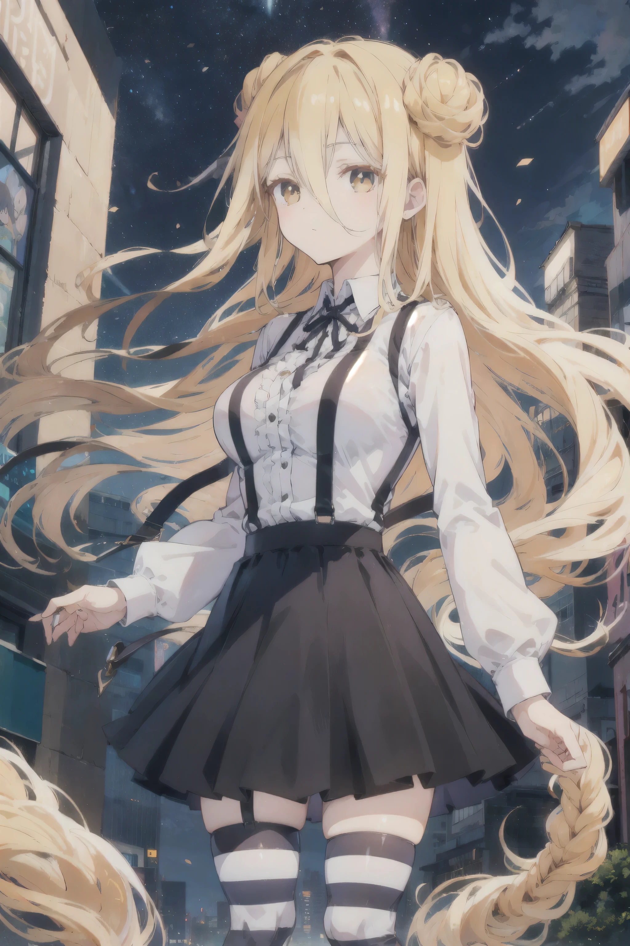 mmukuro,blonde hair, double bun, very long hair, long bangs, hair between eyes, (suspender skirt:1.4), black skirt, white shirt, long sleeves, striped thighhighs, outdoors, cityscape, city lights, night sky, night, aurora, standing, looking at viewer, black ribbon, center frills, (upper body:1.3),