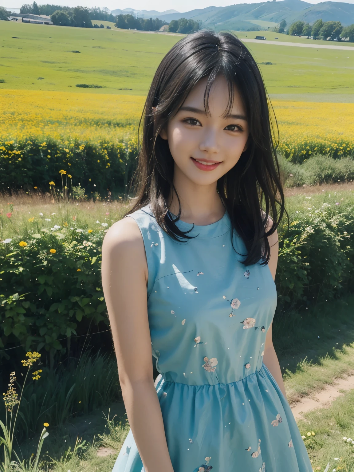 (ultra realistic), (best illustration), (increase resolution), (8K), (masterpiece), (wallpaper), solo, 1 girl, looking at viewers, black straight hair, pureerosfaceace_v1, happy smile, colorful dress, meadow