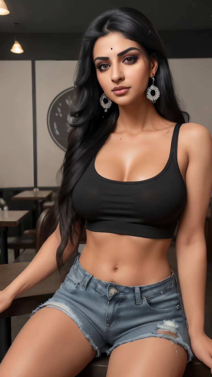 (Master piece), 1girl, long black hair, black eyes, glow eyes, unkind face, very detail face, Wearing a black plaid shirt inside a white tank top, blue short jeans shredded, white shoes, left ear earring, ring tatoo, full body, sit at cafe, 4k, 8k, ultra detail.