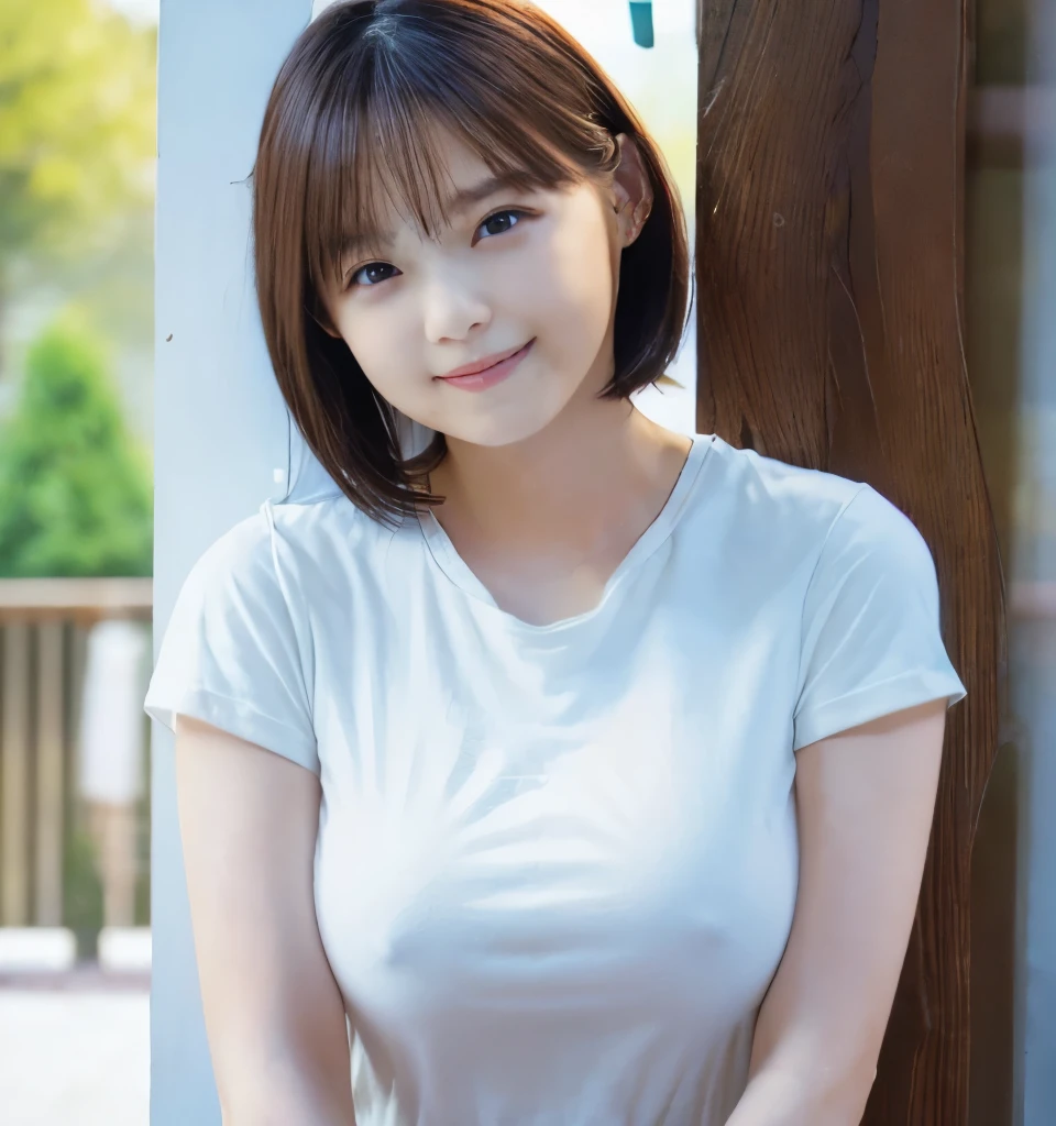 Best image quality、highest quality、masterpiece、Ultra-high resolution、8k、immature、Realistic:1.4、Professional Lighting、、Baby Face、Very s、thin、Moderate size chest cup bust、Large erect nipples、smile、Me in a tight white T-shirt、Wearing denim pants、Stand in front of the front door