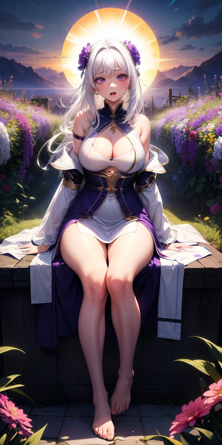 (best quality, highres), 1 girl, white hair, purple eyes, glowing eyes, crops on top, dress, open mouth, blushing, night scene, flowers, sun, sunlight, bare breasts, sitting on a toilet, legs spread