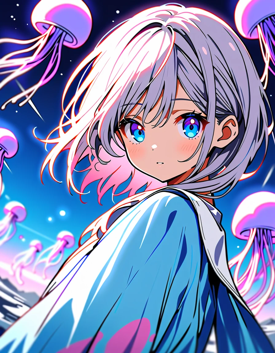 Milky Way, rocket, jellyfish, shooting star, Cute art. Little, Digital Art. Pleasant calm, more、(highest quality、masterpiece、High resolution、detailed)、animeスタイル、Flat Style、(Beautiful Eyes, Delicate and beautiful face, ), BREAK,、extremely detailed、High saturation,Dynamic Angle、anime