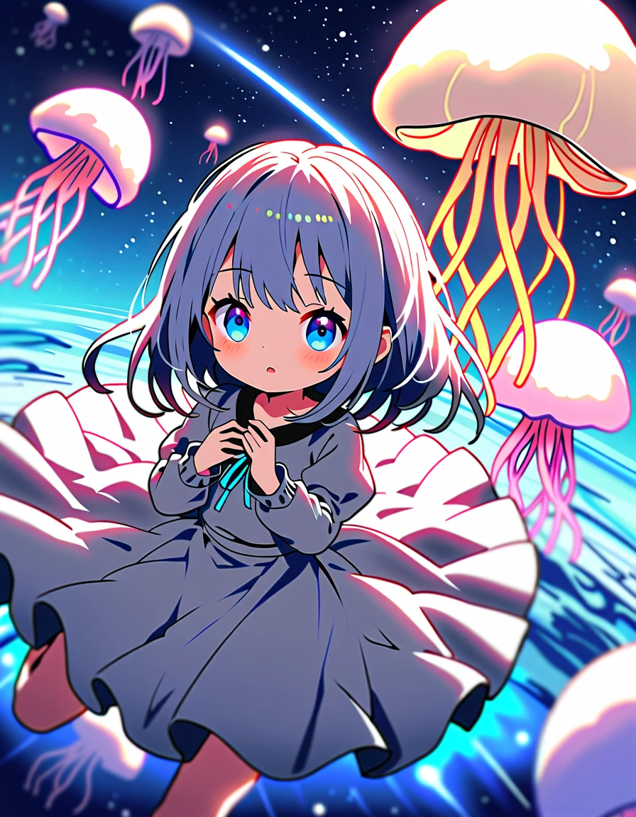 Milky Way, rocket, jellyfish, shooting star, Cute art. Little, Digital Art. Pleasant calm, more、(highest quality、masterpiece、High resolution、detailed)、animeスタイル、Flat Style、(Beautiful Eyes, Delicate and beautiful face, ), BREAK,、extremely detailed、High saturation,Dynamic Angle、anime
