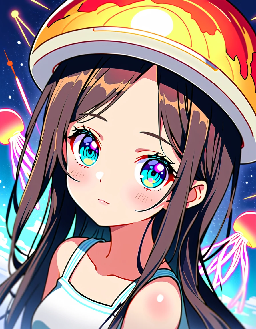 Milky Way, rocket, jellyfish, shooting star, Cute art. Little, Digital Art. Pleasant calm, more、(highest quality、masterpiece、High resolution、detailed)、animeスタイル、Flat Style、(Beautiful Eyes, Delicate and beautiful face, ), BREAK,、extremely detailed、High saturation,Dynamic Angle、anime